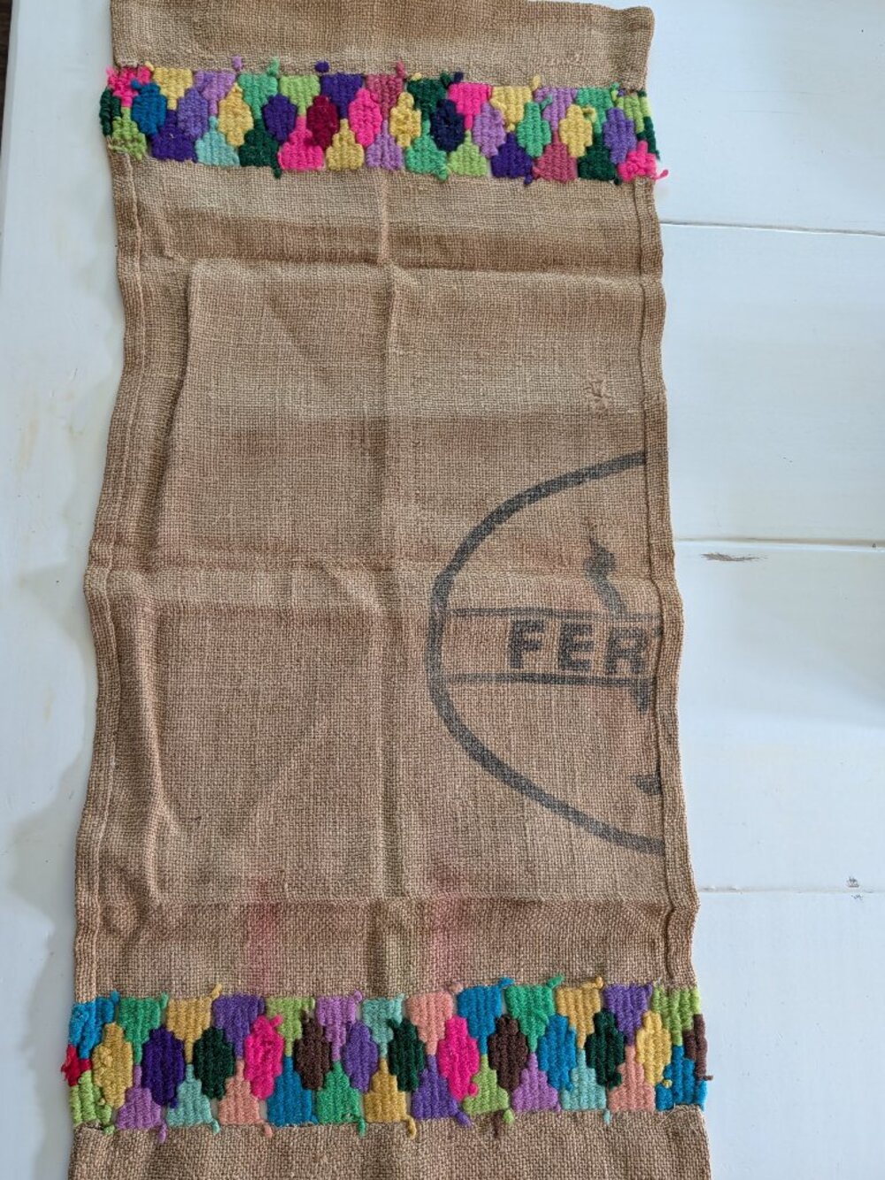 VTG Burlap Table Runner 33x15 Rainbow Geometric Embroidery Farmhouse Boho